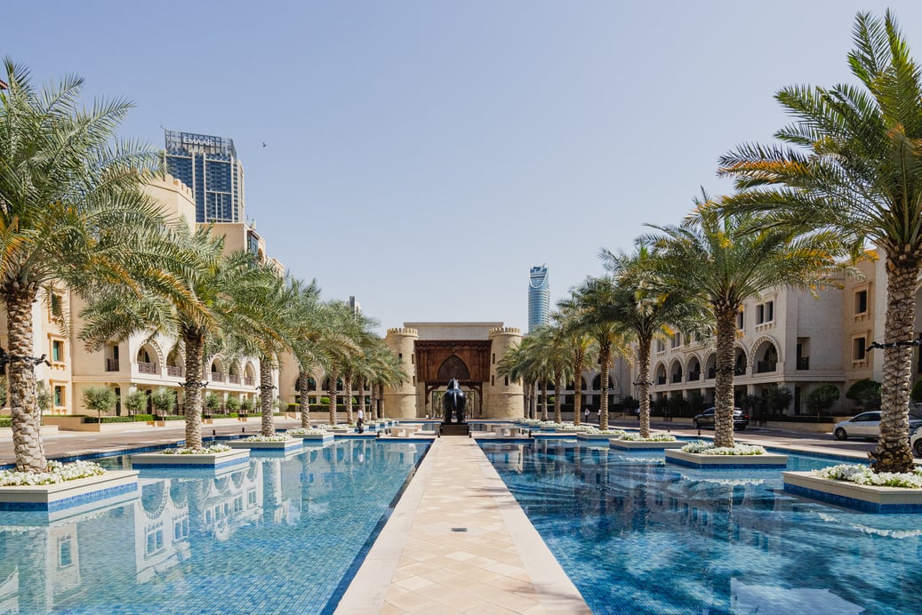 Swimming Pool Among Palm Trees in Dubai